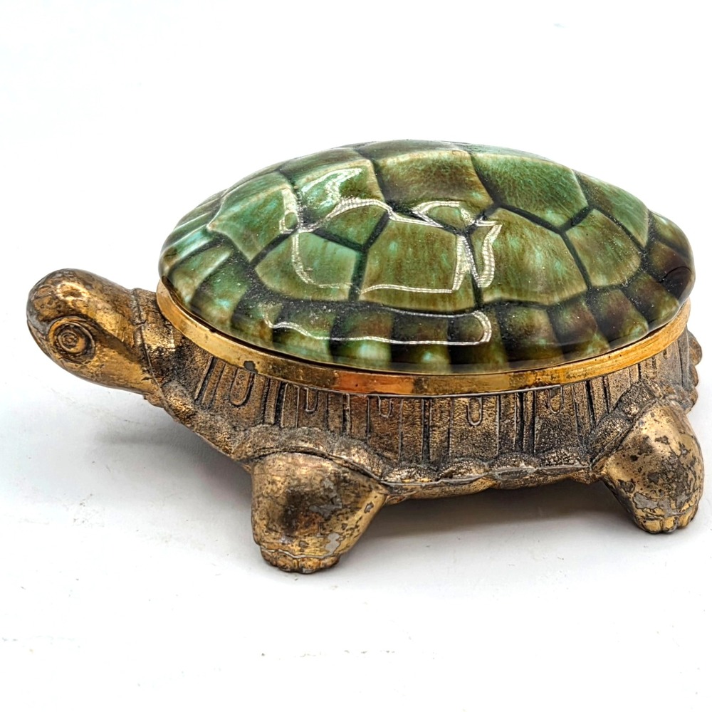 Turtle Shaped Jewlery Trinket Box Metalic Body Hinged Curved Green Lid 1950s